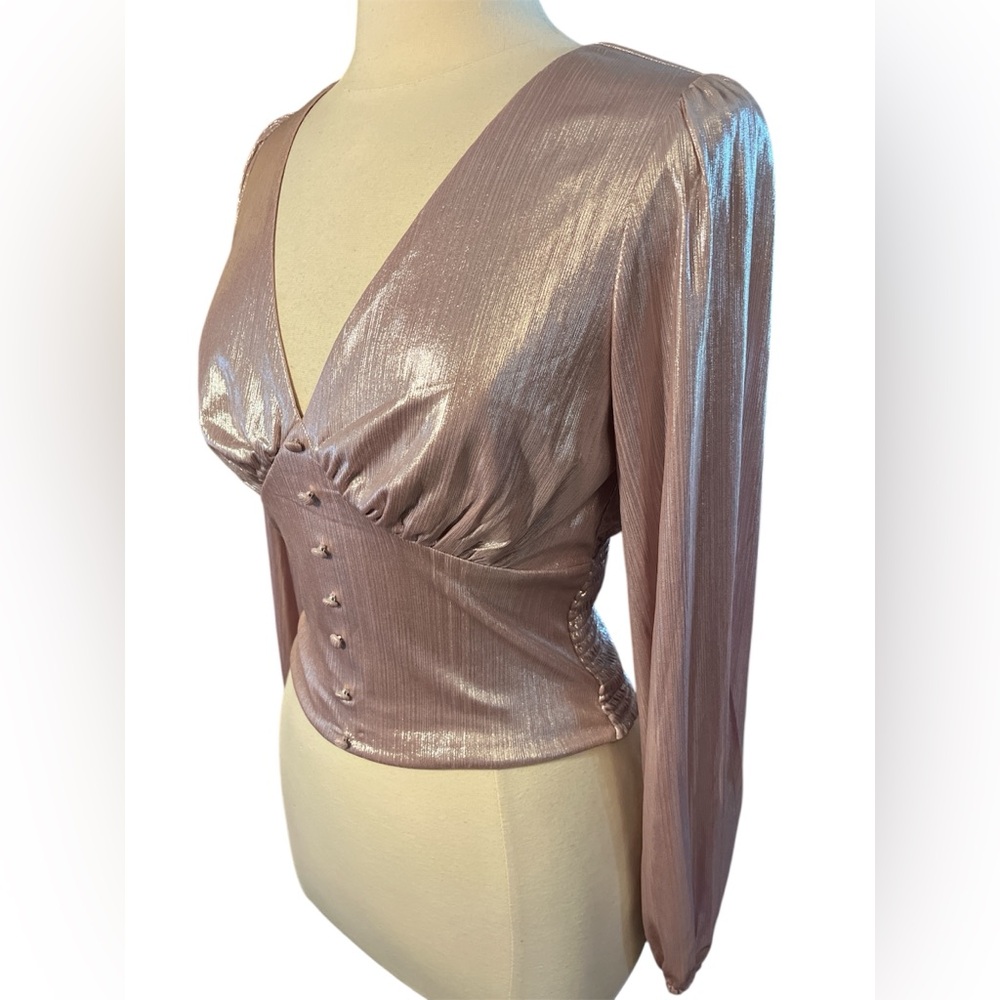 Anthropologie Flat White Pink Shine Blouse long Sleeves & front buttons Size S - Picture 6 of 8